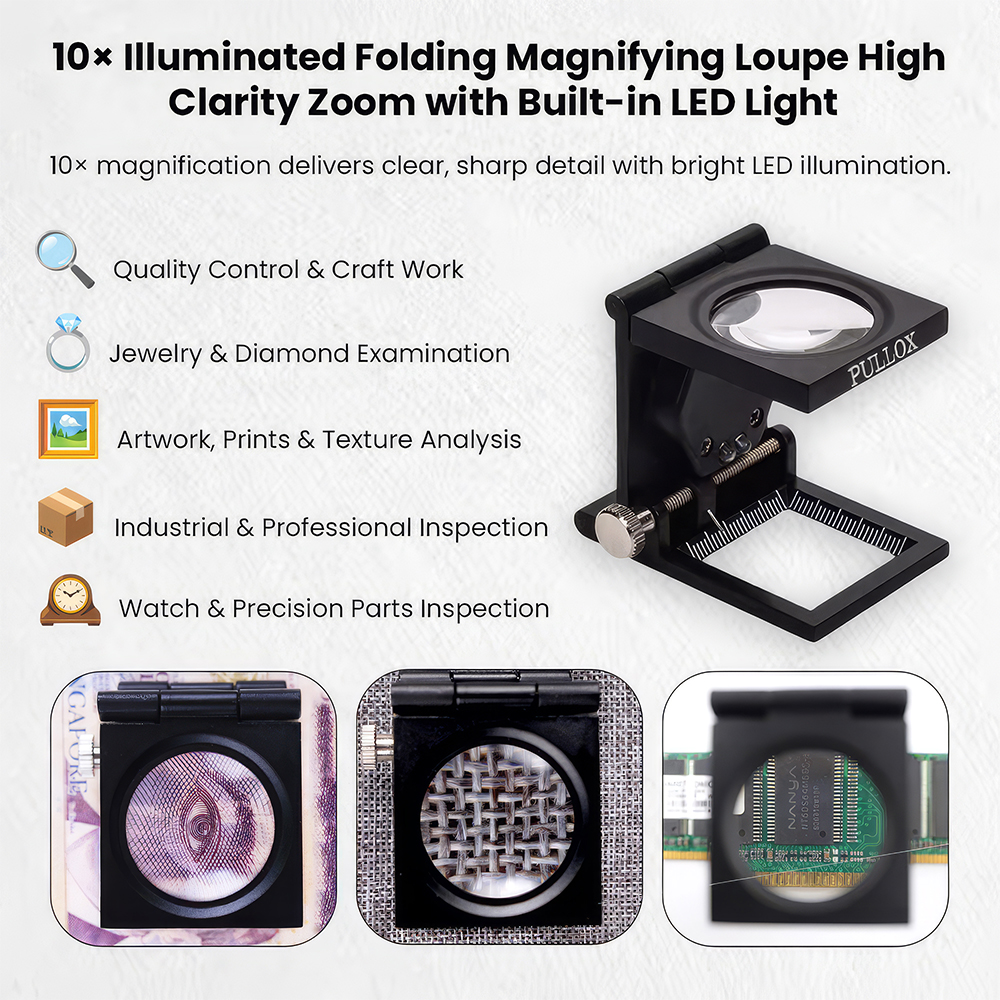 Pullox 10X Foldable Magnifying Loupe | LED Light • Zinc Alloy Body • Precision Scale | Pocket Size Inspection Tool - view 6