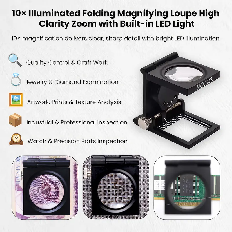 Pullox 10X Foldable Magnifying Loupe | LED Light • Zinc Alloy Body • Precision Scale | Pocket Size Inspection Tool - view 6