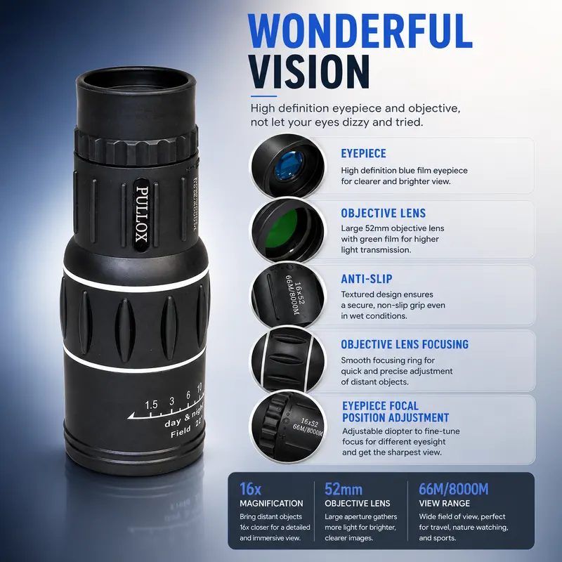 Pullox 16x52 HD Dual Focus Monocular Telescope with Tripod - High Power Optics for Bird Watching, Camping & Wildlife view 4
