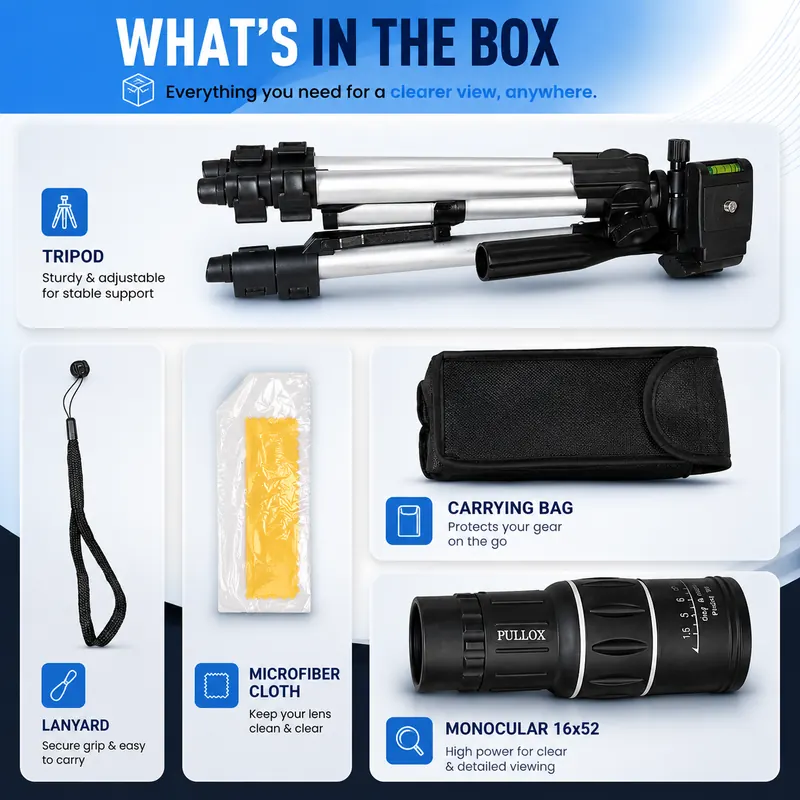Pullox 16x52 HD Dual Focus Monocular Telescope with Tripod - High Power Optics for Bird Watching, Camping & Wildlife view 6