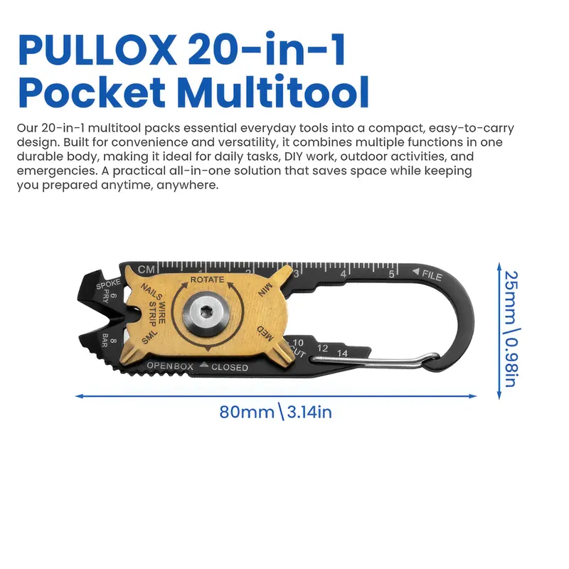 Pullox 20-in-1 Pocket Multitool Carabiner – Heavy Duty Stainless Steel Utility Tool for Cycling, Camping & Everyday Carry view 2