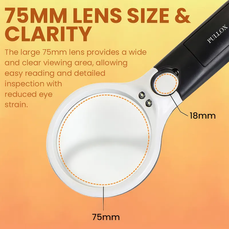 Pullox 3 LED Magnifying Glass | 3X–45X Dual Lens | 75mm & 18mm Glass Lenses | Battery Powered - view 3