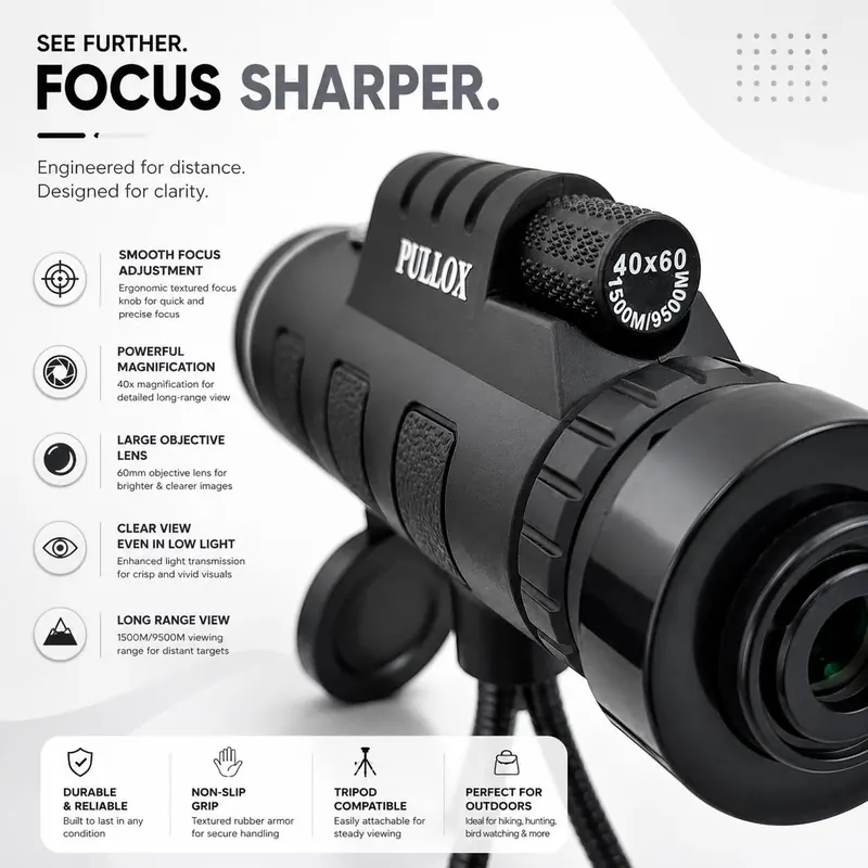 PULLOX 40×60 HD Monocular | 60mm Optical Lens with Compass, Phone Adapter & Flexible Tripod view 2