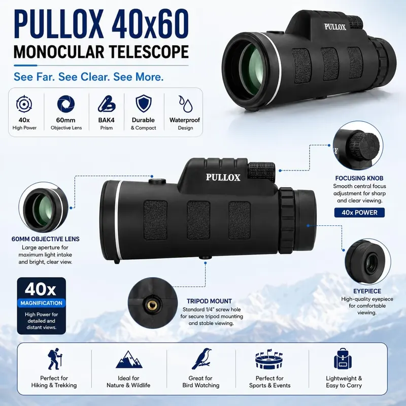 PULLOX 40×60 HD Monocular | 60mm Optical Lens with Compass, Phone Adapter & Flexible Tripod view 4