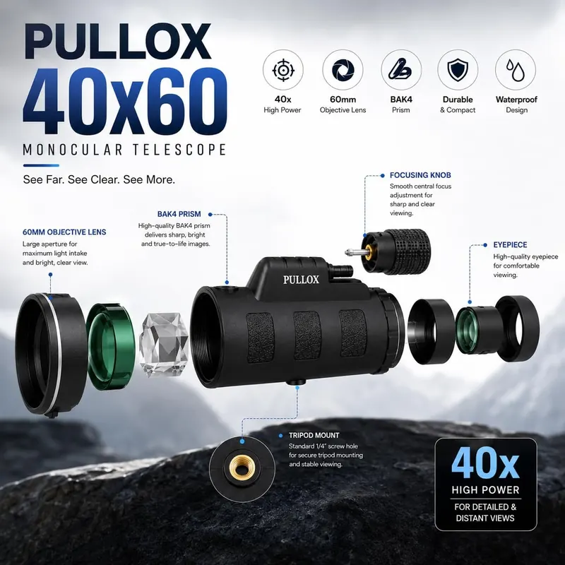 PULLOX 40×60 HD Monocular | 60mm Optical Lens with Compass, Phone Adapter & Flexible Tripod view 5