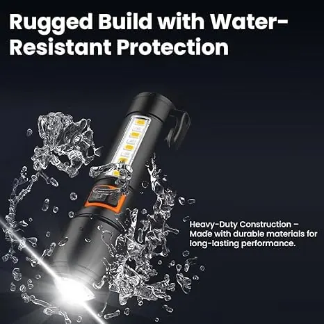 PULLOX 2000 Lumens Rechargeable Tactical Torch | 6 Modes, Zoomable Beam, Side LED, Emergency Hammer & Seatbelt Cutter view 3