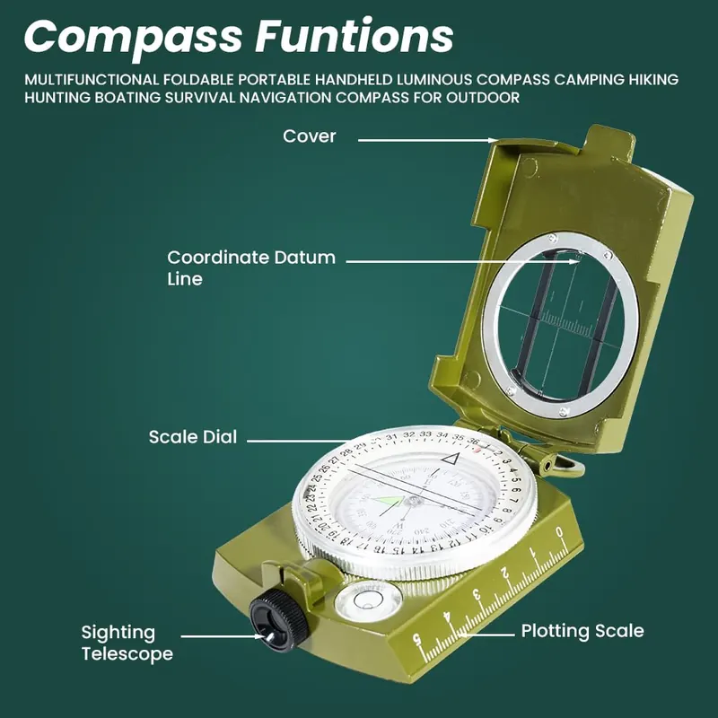 Pullox Magnetic Lensatic Compass with Optical Sighting – Metal Waterproof Shockproof Navigation Compass with Floating Dial & 360° Azimuth Scale - view 3