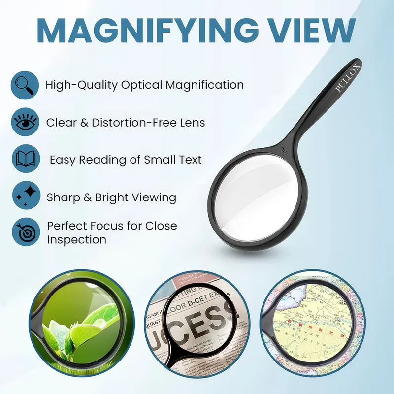 Pullox 5X Handheld Magnifying Glass | 75mm Glass Lens | Reading, Maps, Books, Study & Science Use view 2