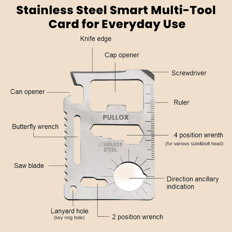 Pullox Stainless Steel Multi-Tool Card – 11 in 1 Survival Pocket Tool view 2