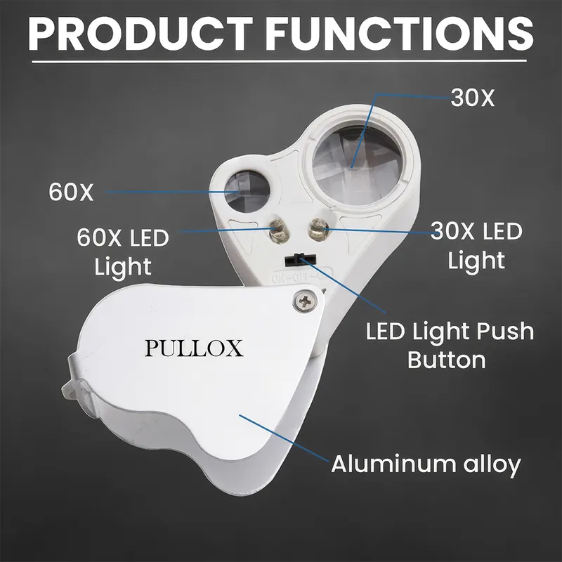 Pullox 30X / 60X LED Jeweler’s Loupe | Dual Lens Pocket Magnifier | Gemstone, Jewelry, Coin & Rock Inspection view 3