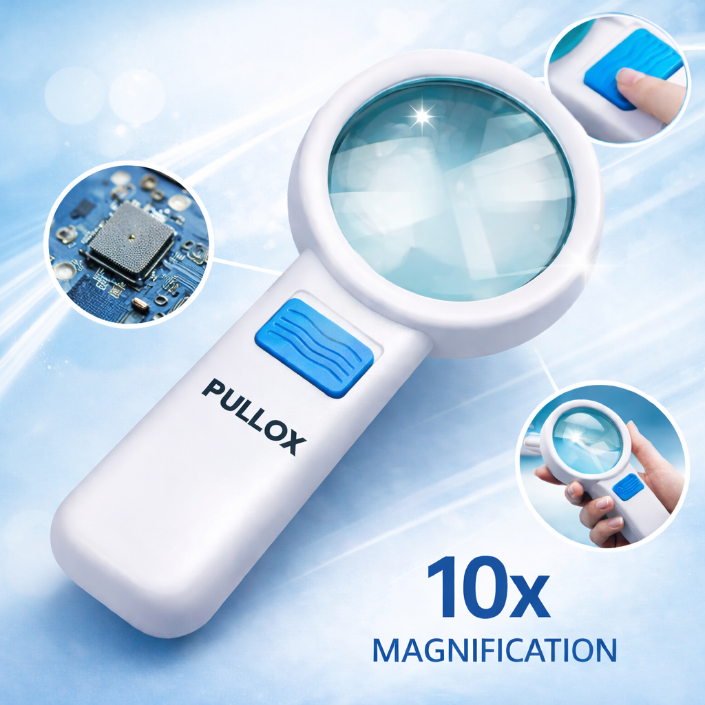 Pullox 10 LED 5X Handheld Magnifier | 82mm Glass Lens | Reading, Inspection, Science & Hobby Use - view 1