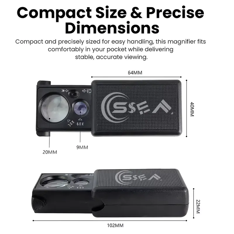 SSEA 30X / 60X Folding Jeweler’s Loupe | LED + UV Light | Pull-Type Portable Inspection Magnifier view 3
