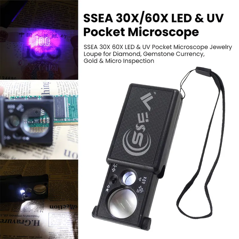 SSEA 30X / 60X Folding Jeweler’s Loupe | LED + UV Light | Pull-Type Portable Inspection Magnifier view 4