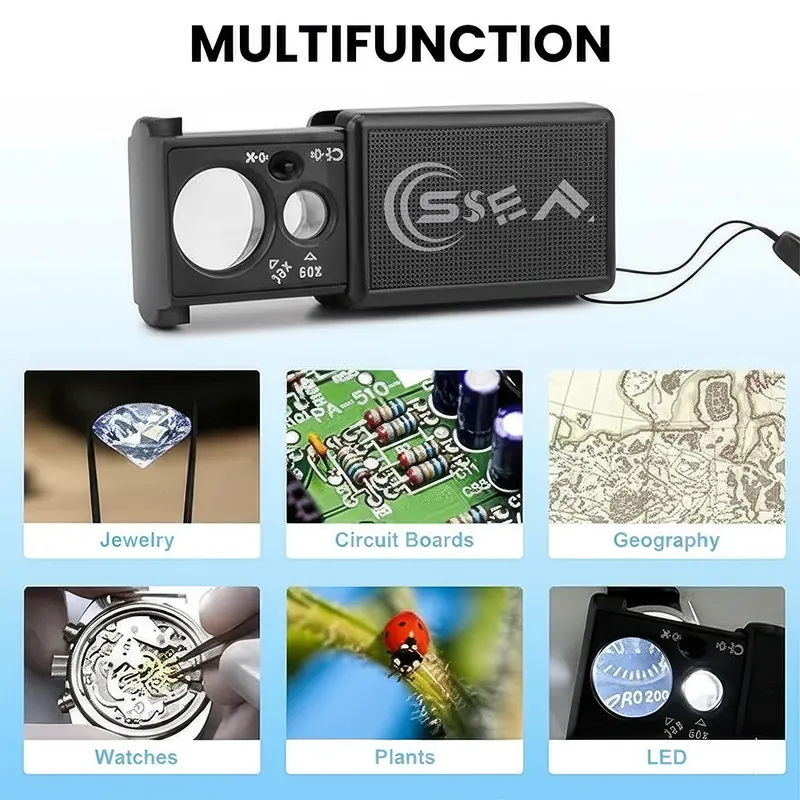 SSEA 30X / 60X Folding Jeweler’s Loupe | LED + UV Light | Pull-Type Portable Inspection Magnifier view 5