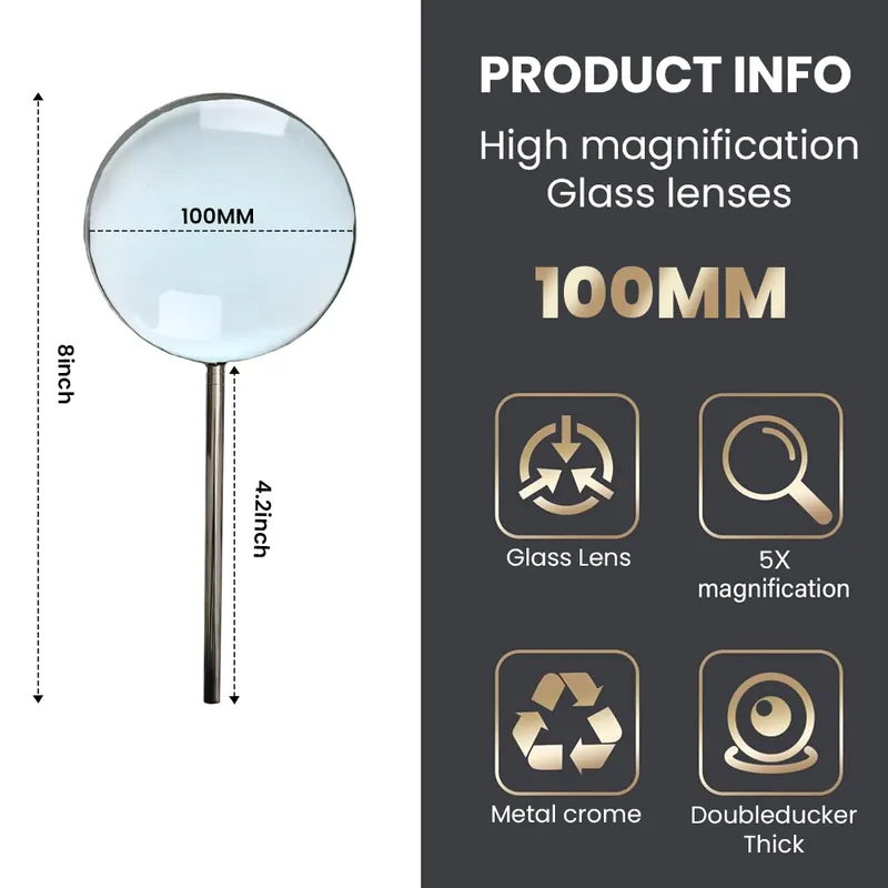 Pullox Extra Large 3X Magnifying Glass | 150mm (6 Inch) Indian Glass Lens | All-Metal Heavy-Duty Newspaper Reader view 2