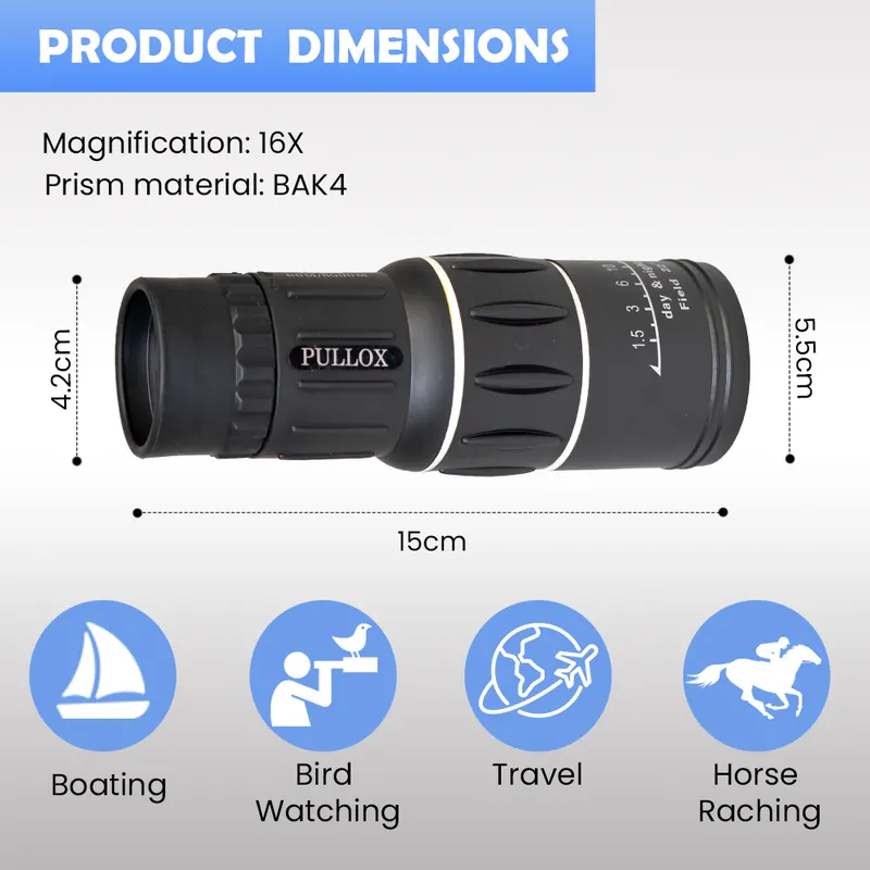 Pullox 16x52 HD Dual Focus Monocular Telescope with Tripod - High Power Optics for Bird Watching, Camping & Wildlife view 4