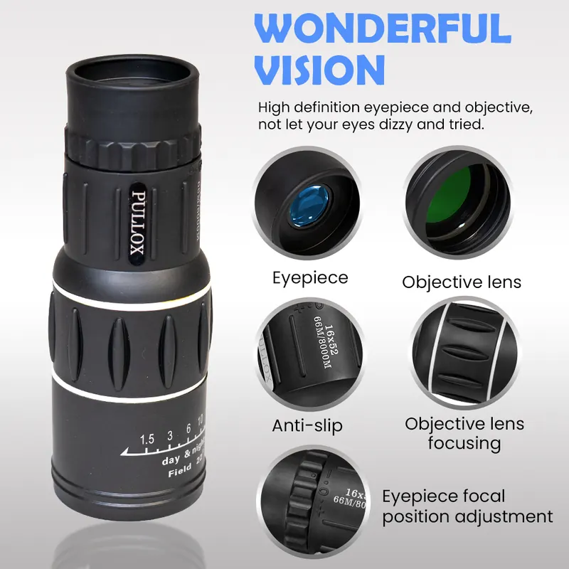 Pullox 16x52 HD Dual Focus Monocular Telescope with Tripod - High Power Optics for Bird Watching, Camping & Wildlife view 5