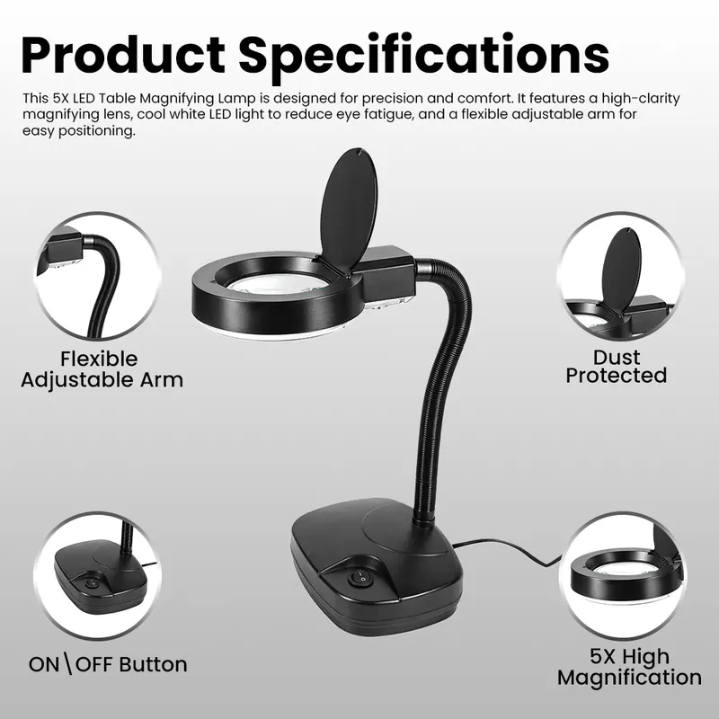 SSEA 5X LED Magnifying Desk Lamp | Flexible Gooseneck Arm | Black | Precision Reading & Inspection Lamp view 2